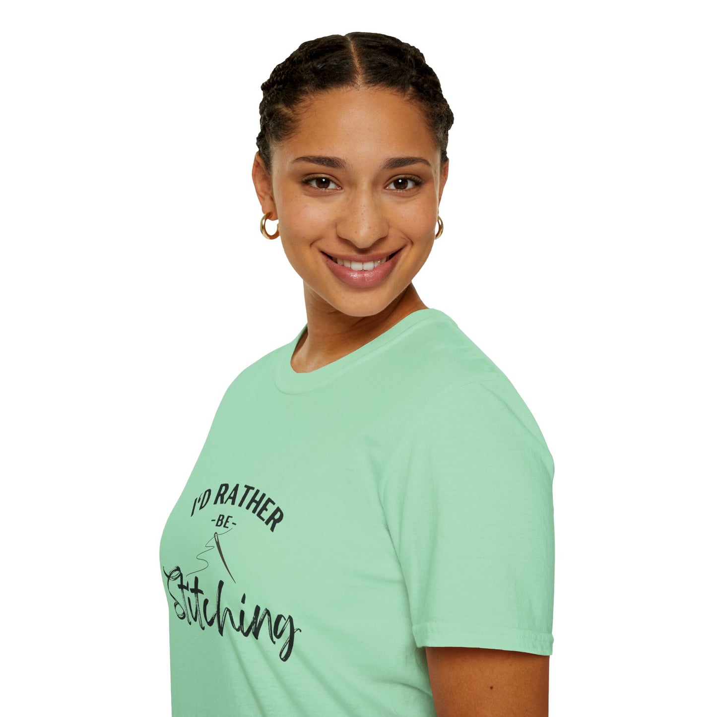 I'd Rather Be Stitching T-Shirt | Unisex Softstyle Tee for Crafters, Gift for Sewing Enthusiasts, Crafters, Quilters, Cross Stitchers, Embroidery