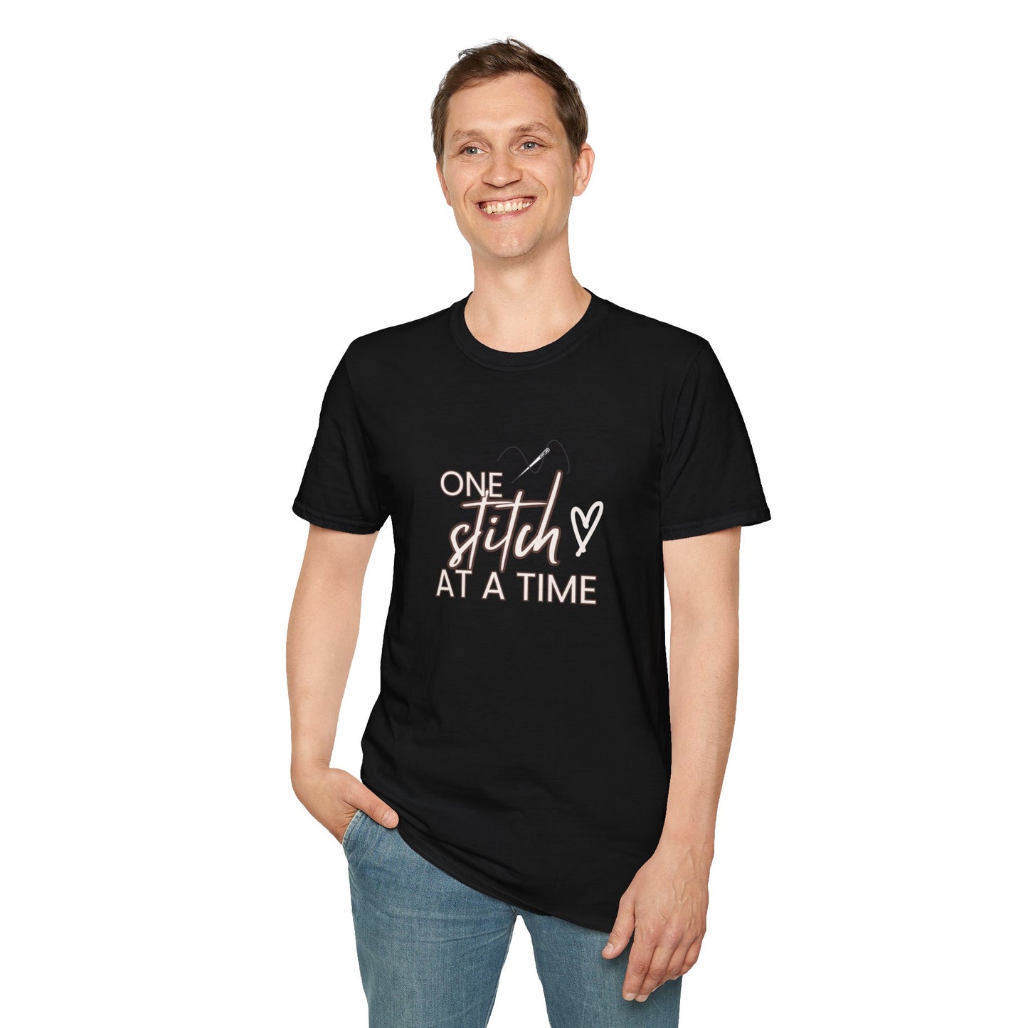 One Stitch at a Time Unisex Softstyle T-Shirt - Perfect for Crafters, Sewists, Quilters, Cross Stitch, Embroidery