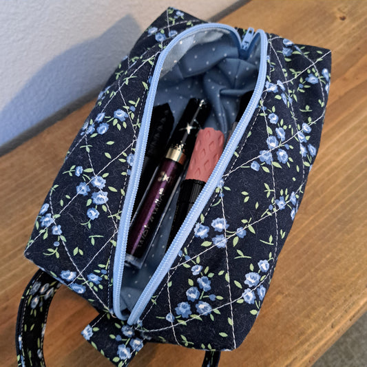 Blue & Navy Floral Cosmetic Bag - Medium